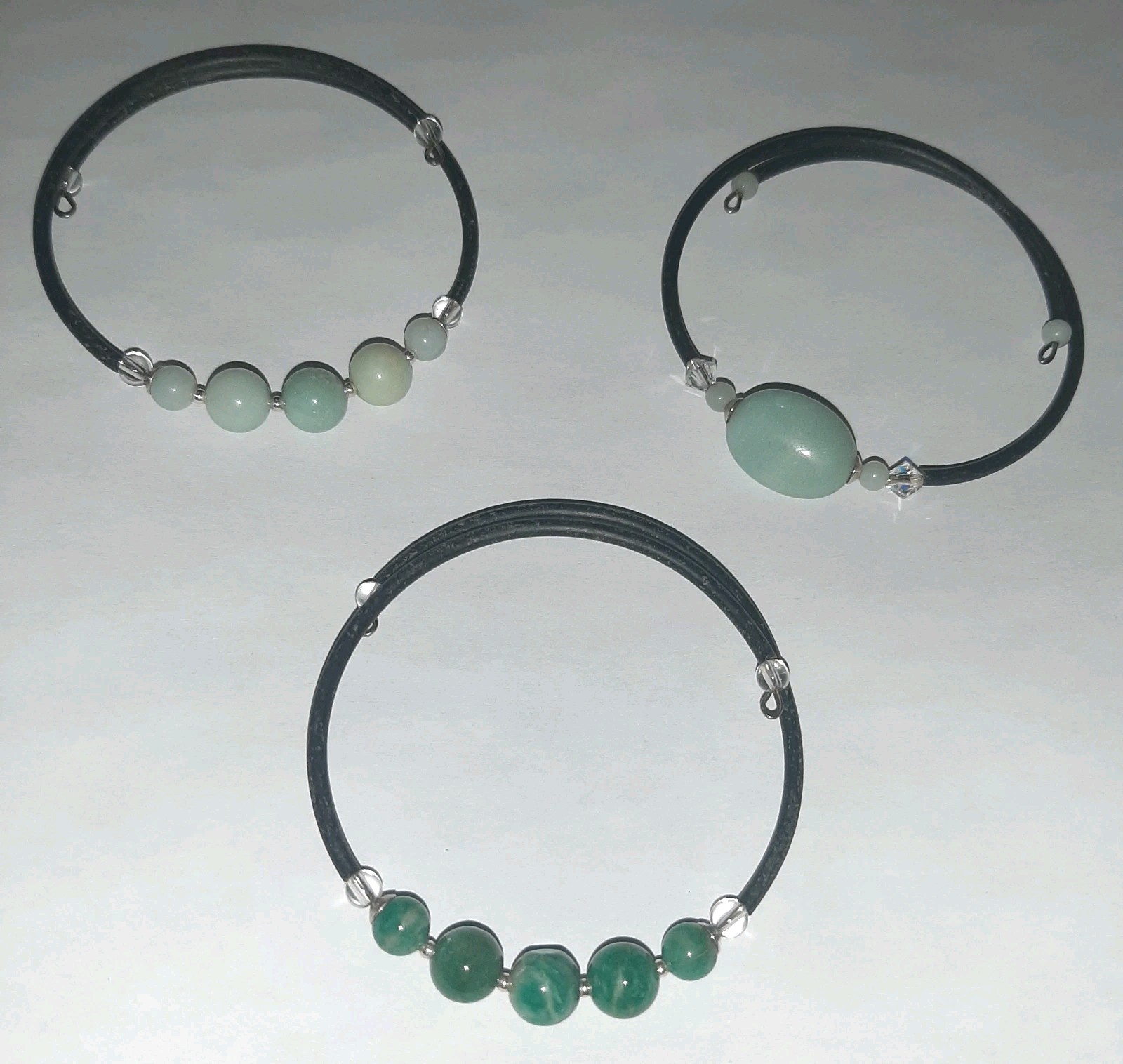 3 Gemstone Bead Memory Wire Bracelets Genuine Amazonite and Quartz Wicca Reiki