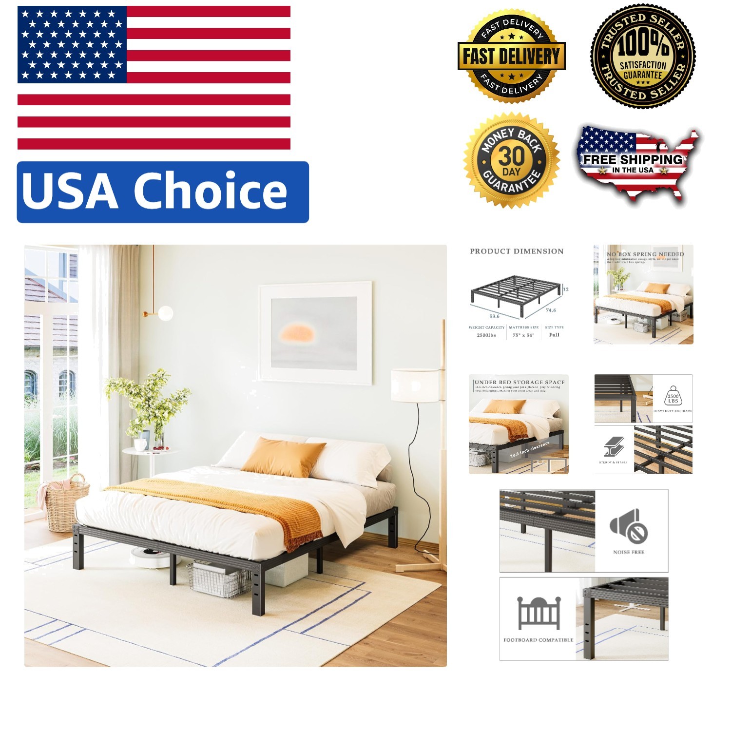 Elegant 12 Inch Black Metal Full Size Bed Frame - No Box Spring Required