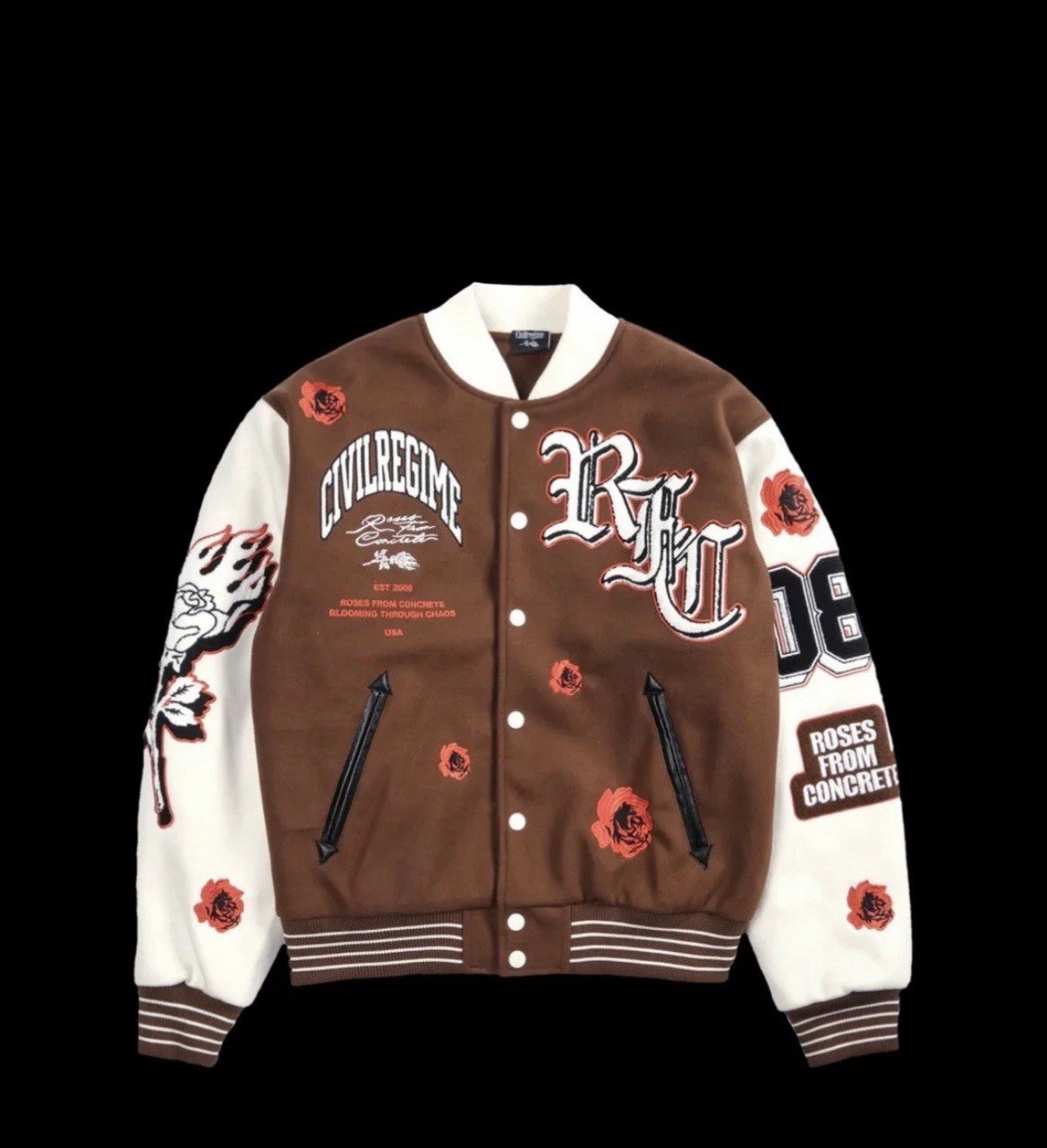 Civil Regime Rose Garden Letterman Jacket In Butter/Reaper Brown Size M