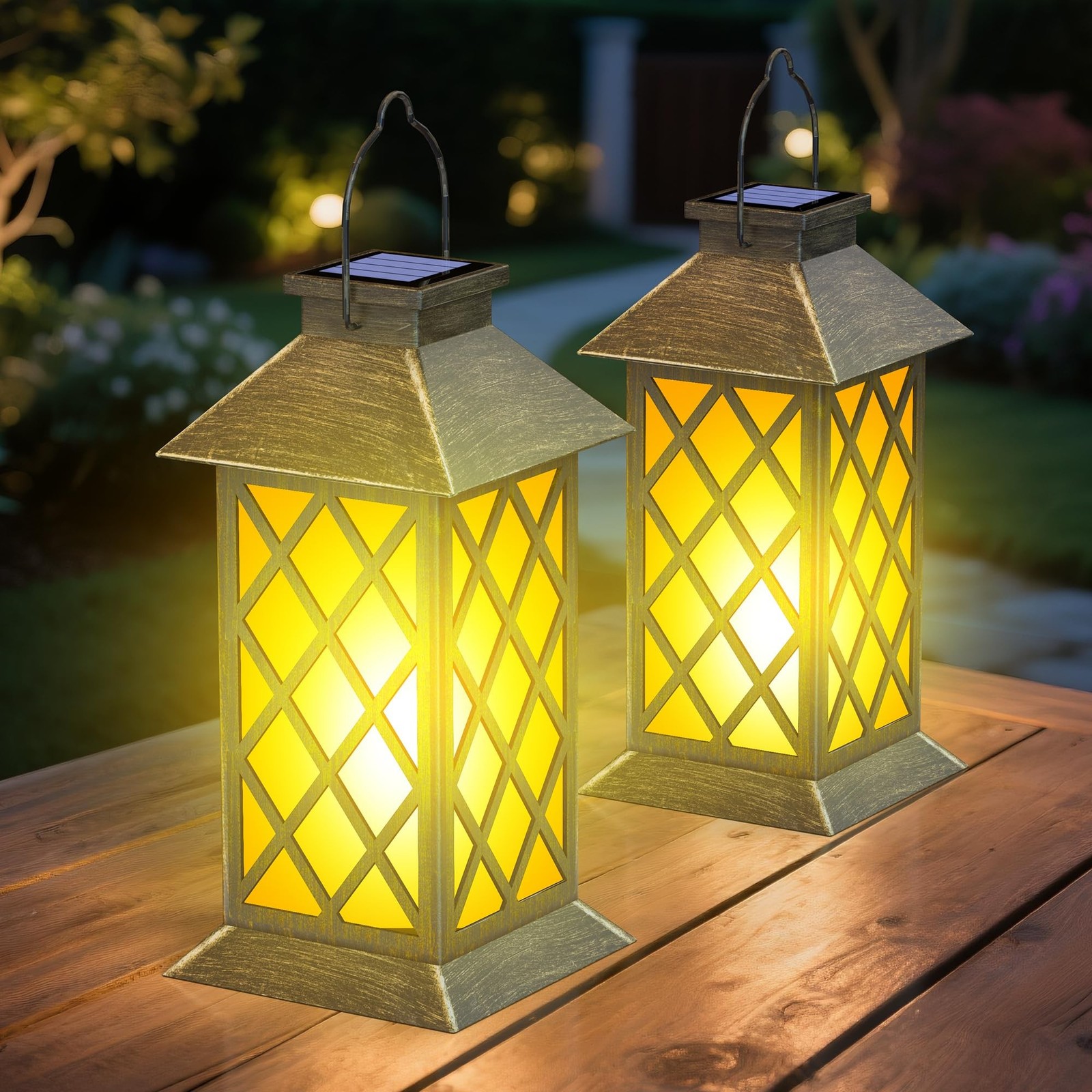 2 Pack 13" Solar Lanterns with Flickering Flame Candle, Outdoor Waterproof Ha...