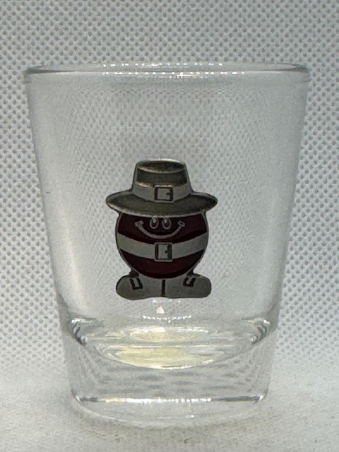 Round Red Pilgrim Character With Hat Clear Standard Shot Glass Pewter Emblem