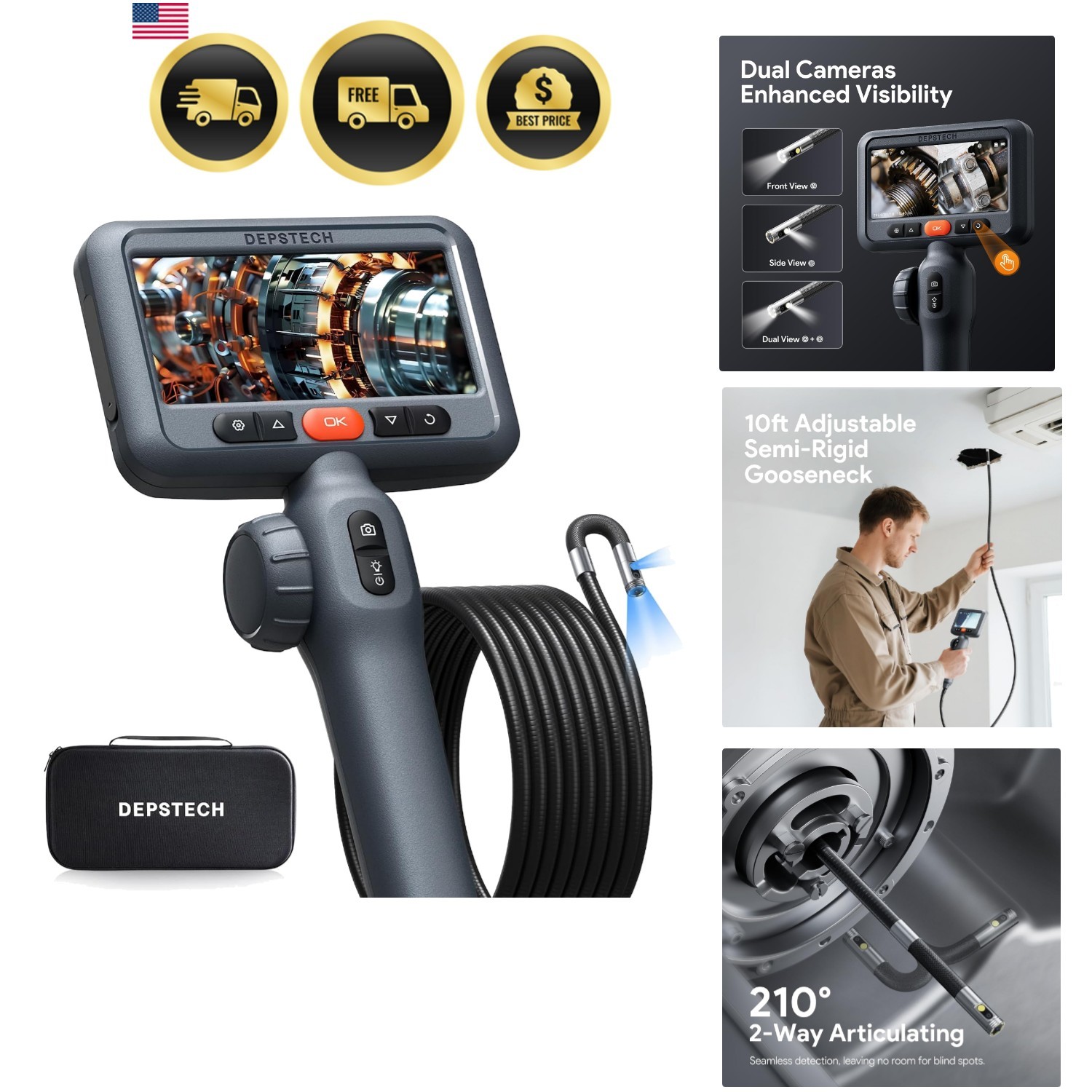 10FT Articulating Endoscope Camera with Light: Dual Lens Two-Way Articulated ...
