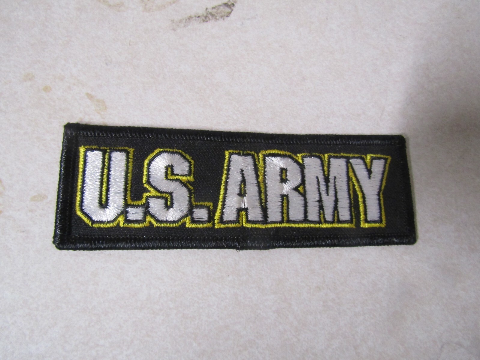 MILITARY PATCH SEW ON NAME WHITE AND GOLD LETTERS ON BLACK WITH US ARMY