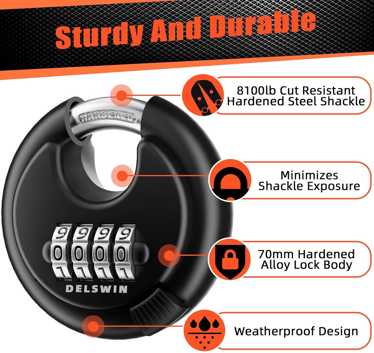 4-digit combination disc lock with hardened steel shackle