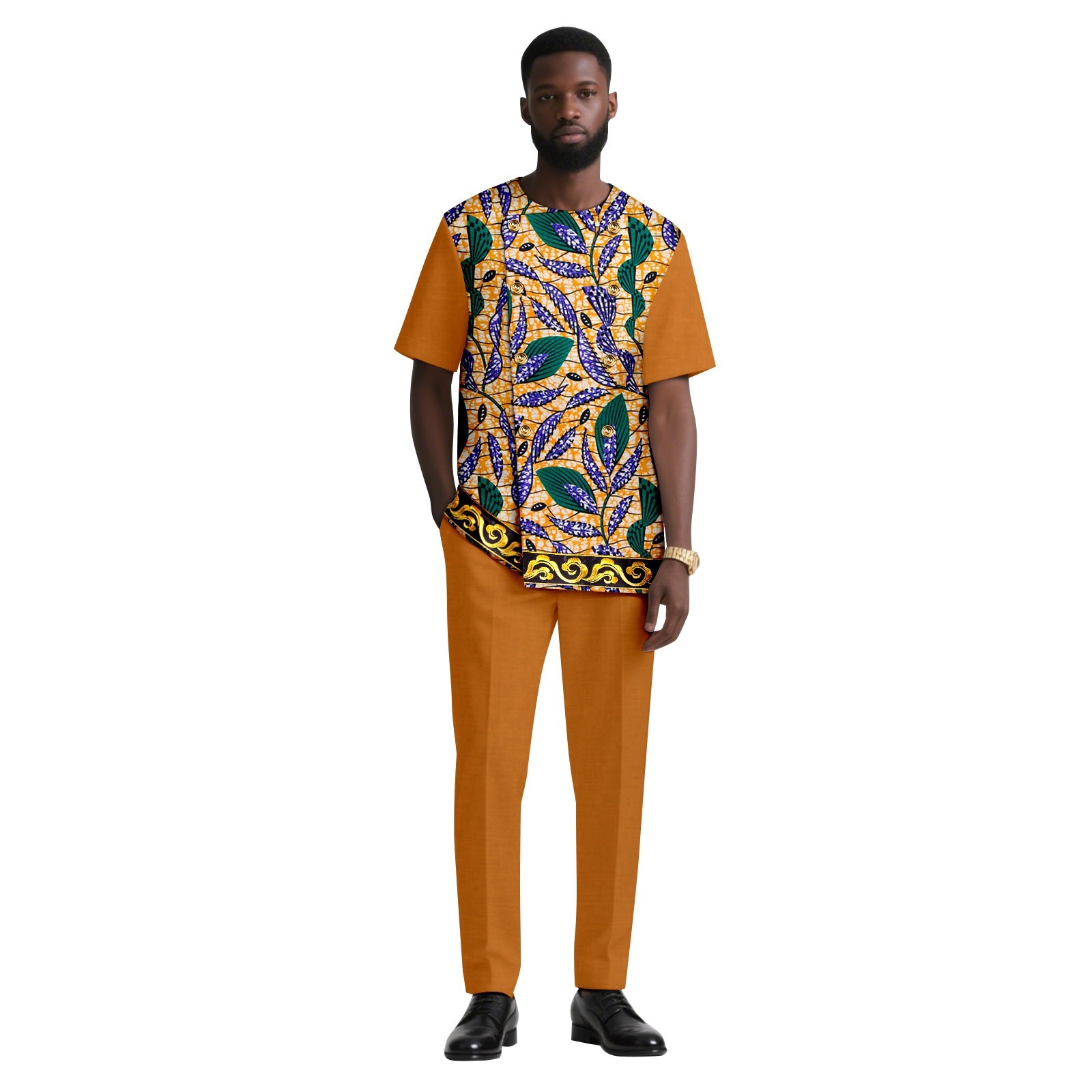 African Suits for Men Dashiki Printed Short Top and Pants 2 Piece Set African