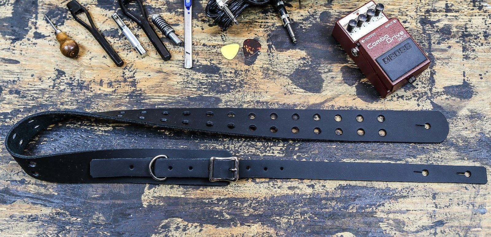 Buckle Guitar Strap Double hole Real Leather Handmade USA Rock Goth Black Oiled