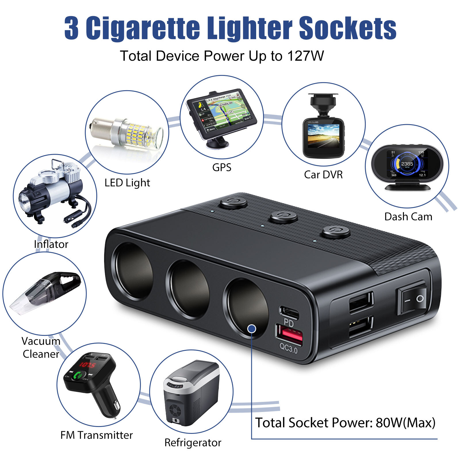 3 Way Car Cigarette Lighter Socket Splitter USB Fast Charger Power Adapter 12V