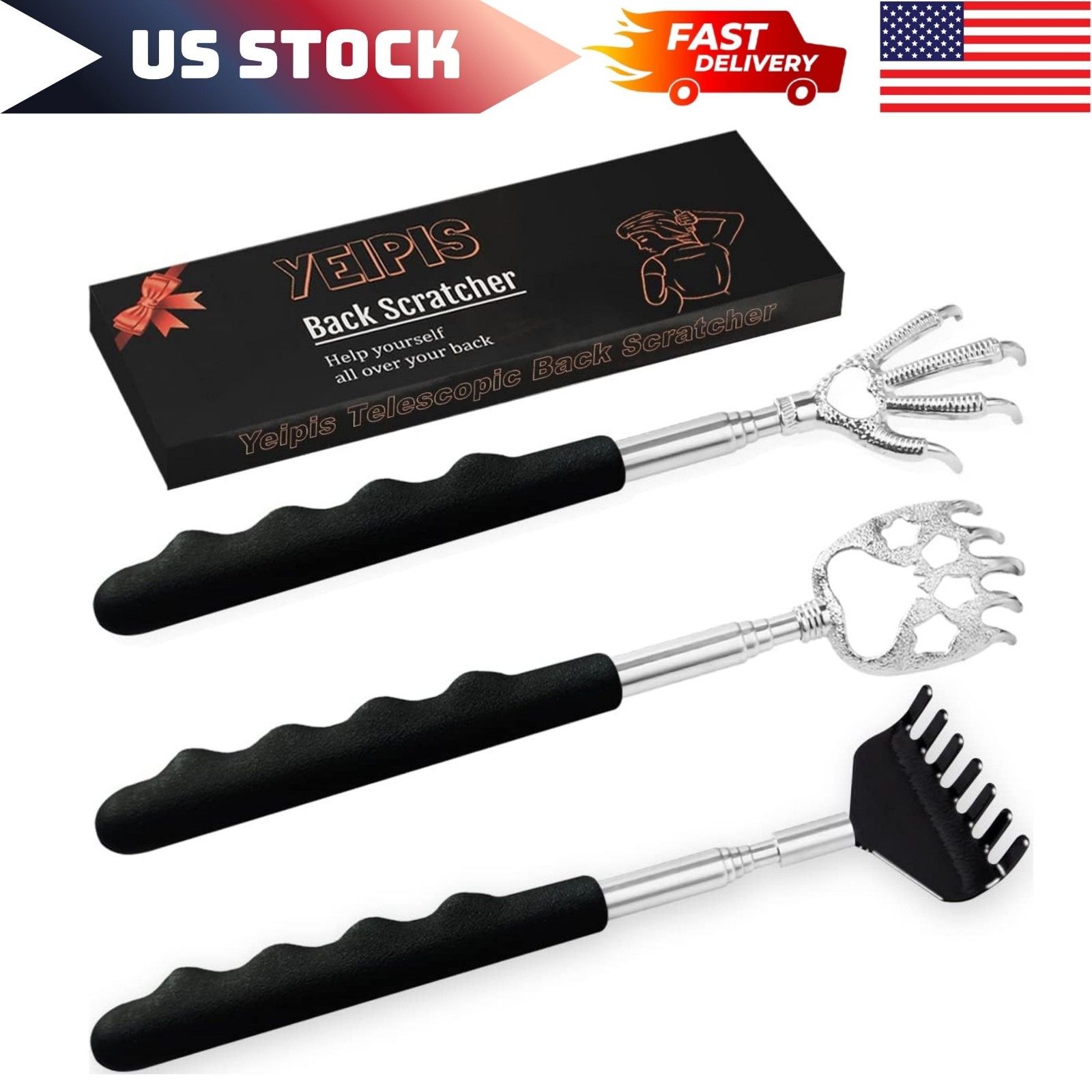3 Pack Metal Portable Telescoping Back Scratchers with Rubber Handles