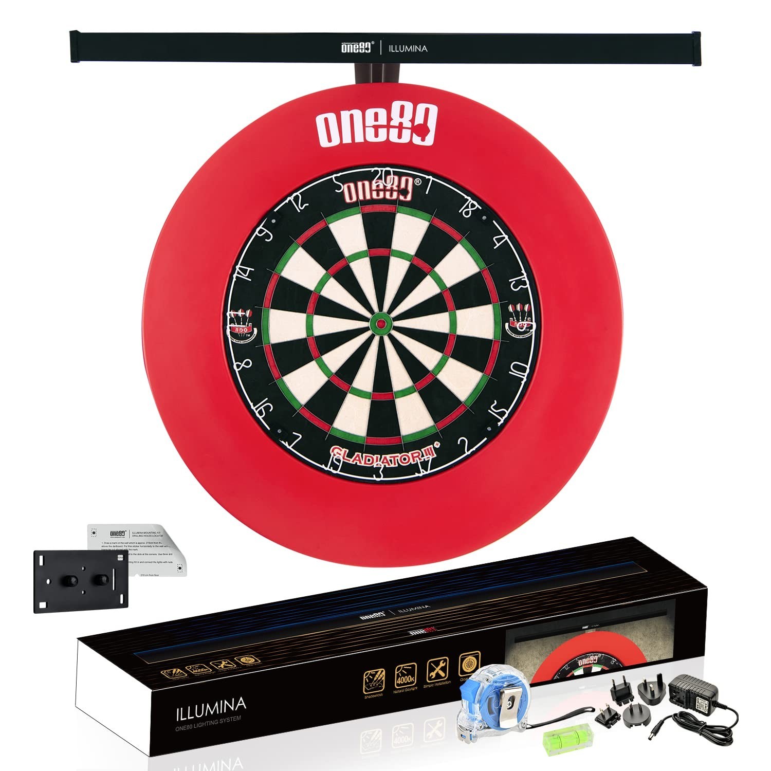 ONE80 Illumina Dartboard Lighting System Clear Vision Design and Spirit Level...