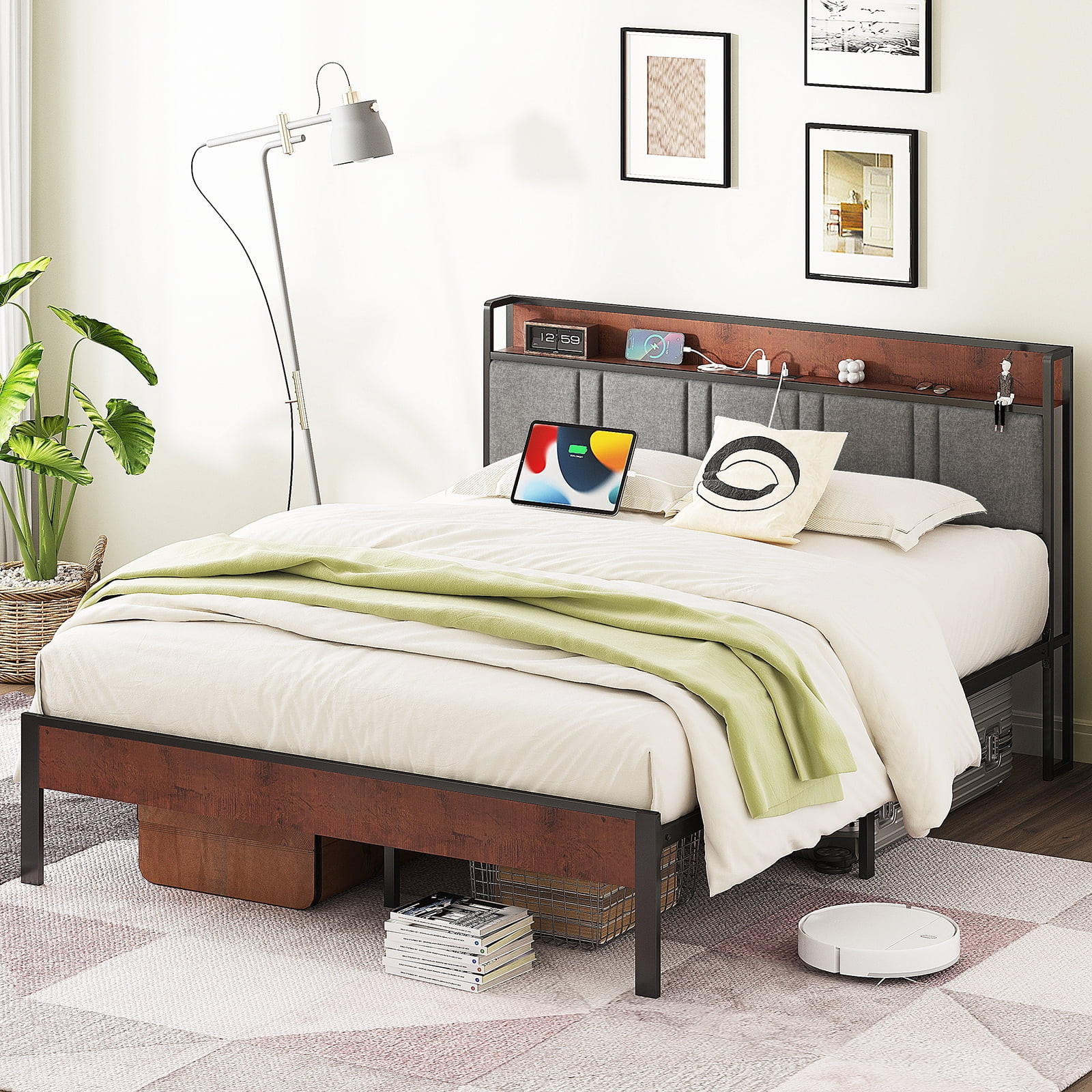 Queen Bed Frame, Platform Bed Queen Size with Charging Station and Storage Uphol