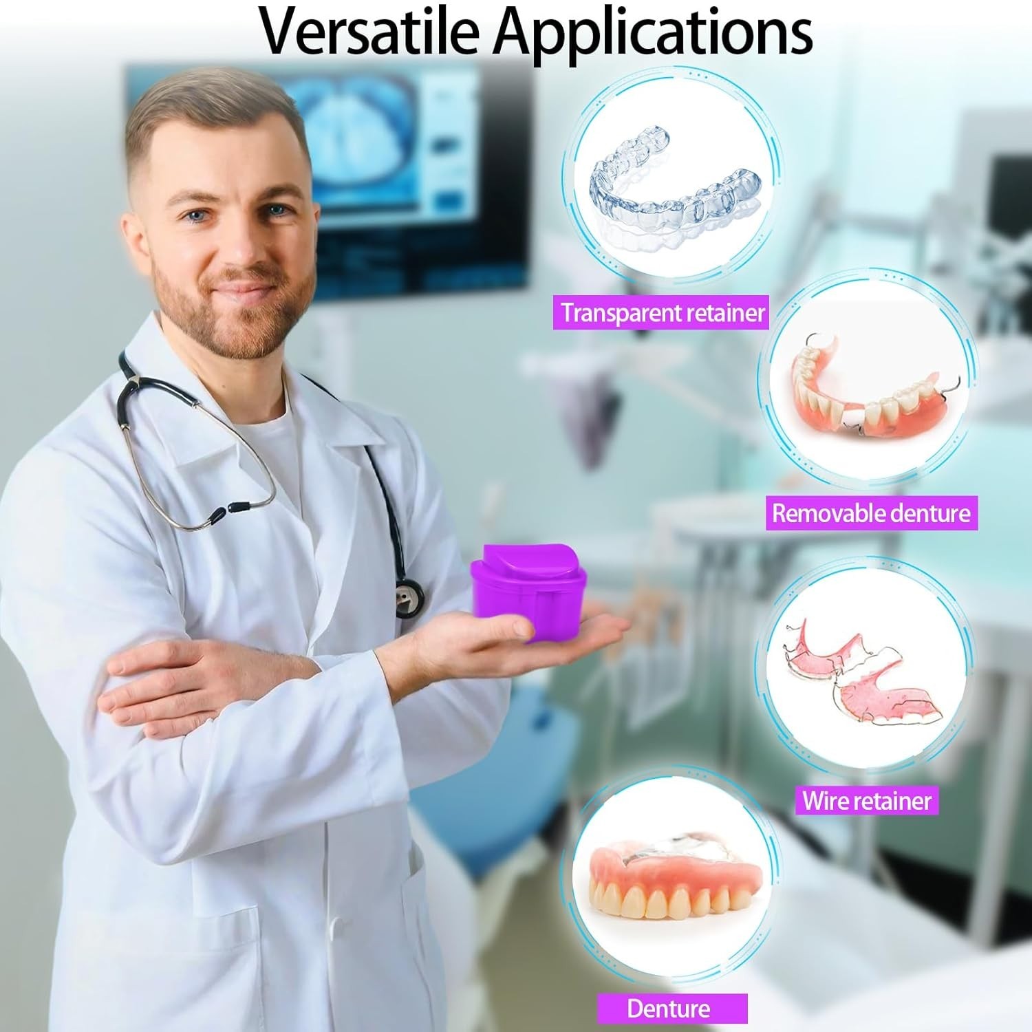 Denture Bath Case Denture Cleaning Cup with Brush Set, 2 Pack False Teeth