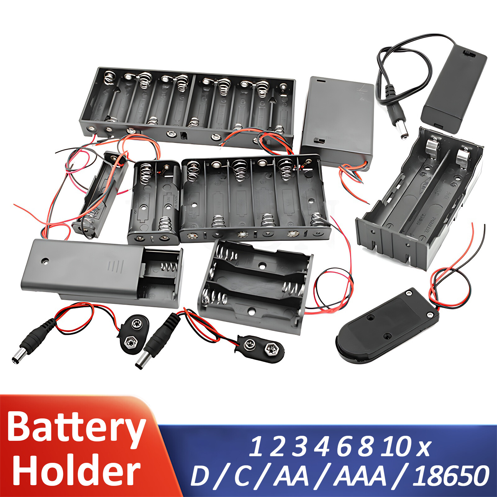 C/D/AA/AAA x 1-10 Battery Holder Box With Wire Case Connector Open or Enclosed