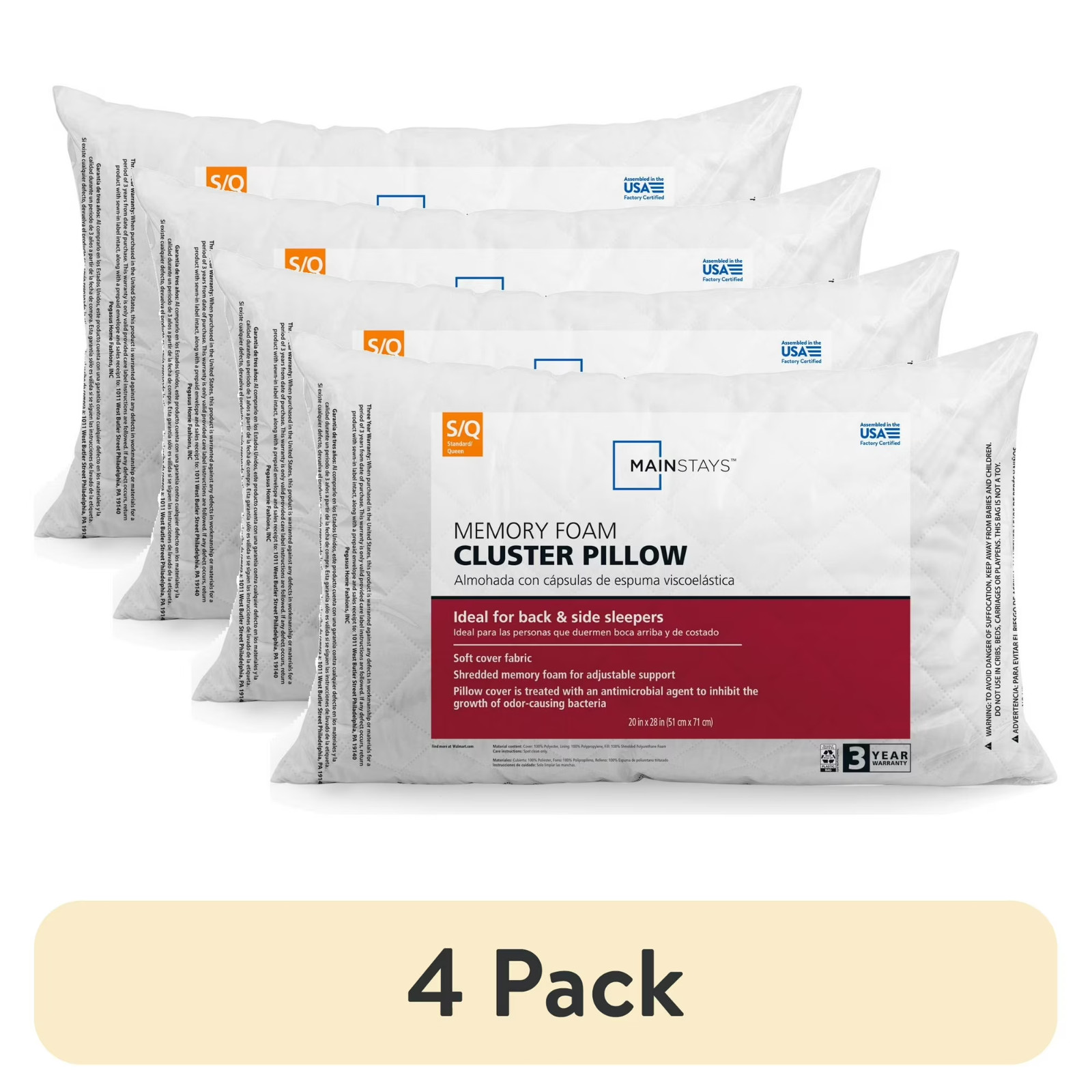 Mainstays™ Memory Foam Cluster Bed Pillow, Standard Queen & King