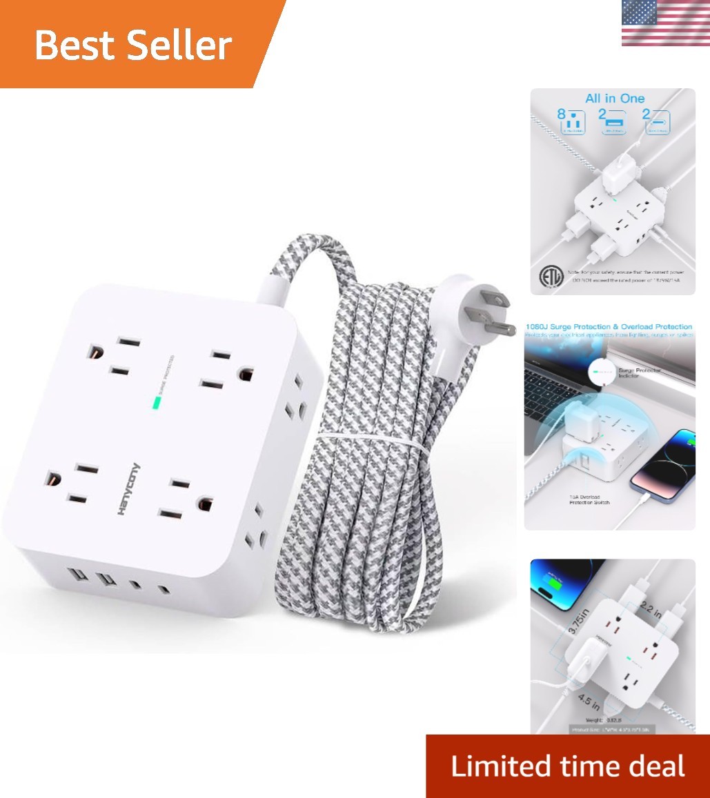 Versatile 8 Outlet Surge Protector Power Strip - Wall Mount with USB C Ports