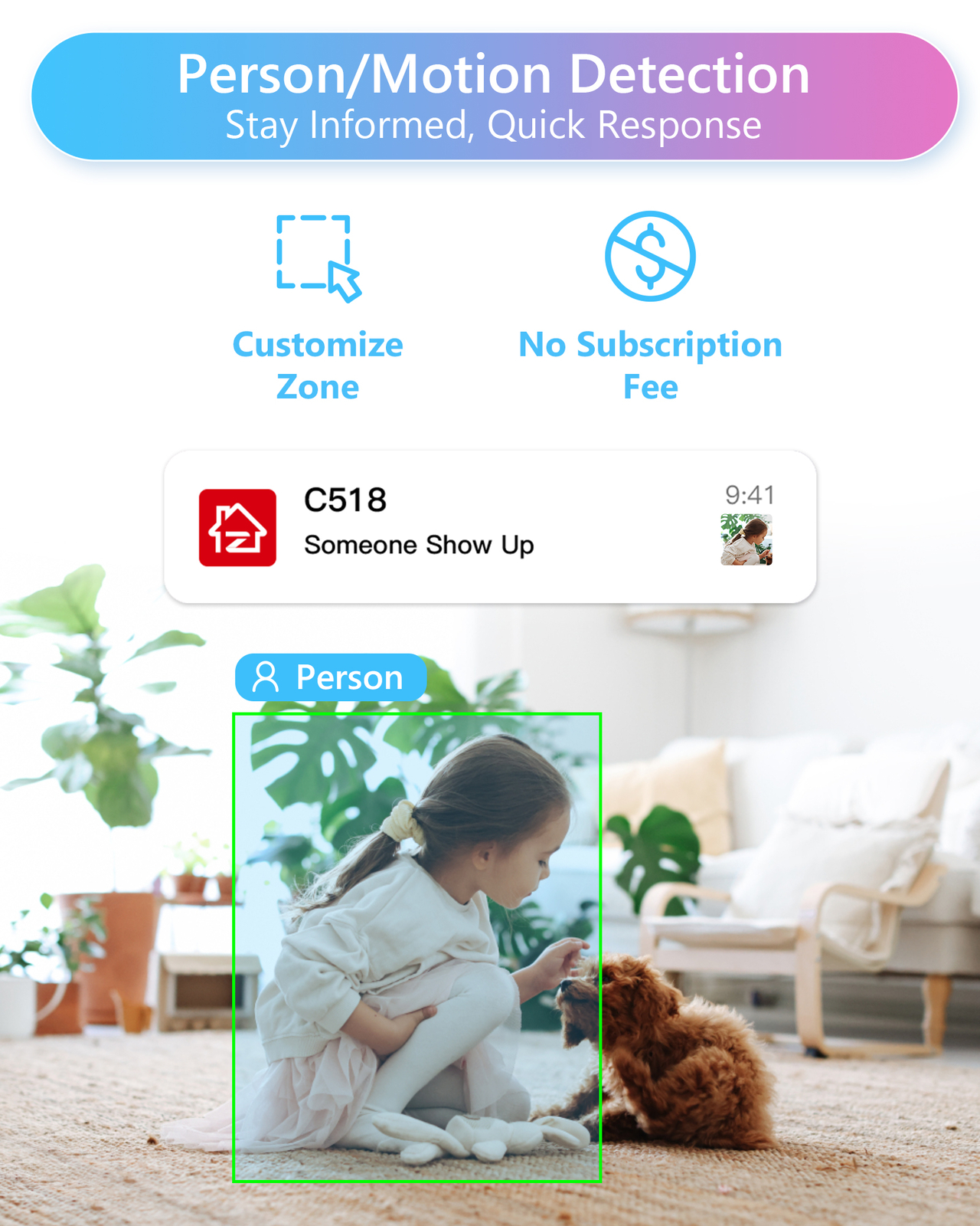 ZOSI 2K 360° Swivel Wireless PTZ Indoor Camera Monitor Intelligent 2.4/5GHz 33FT