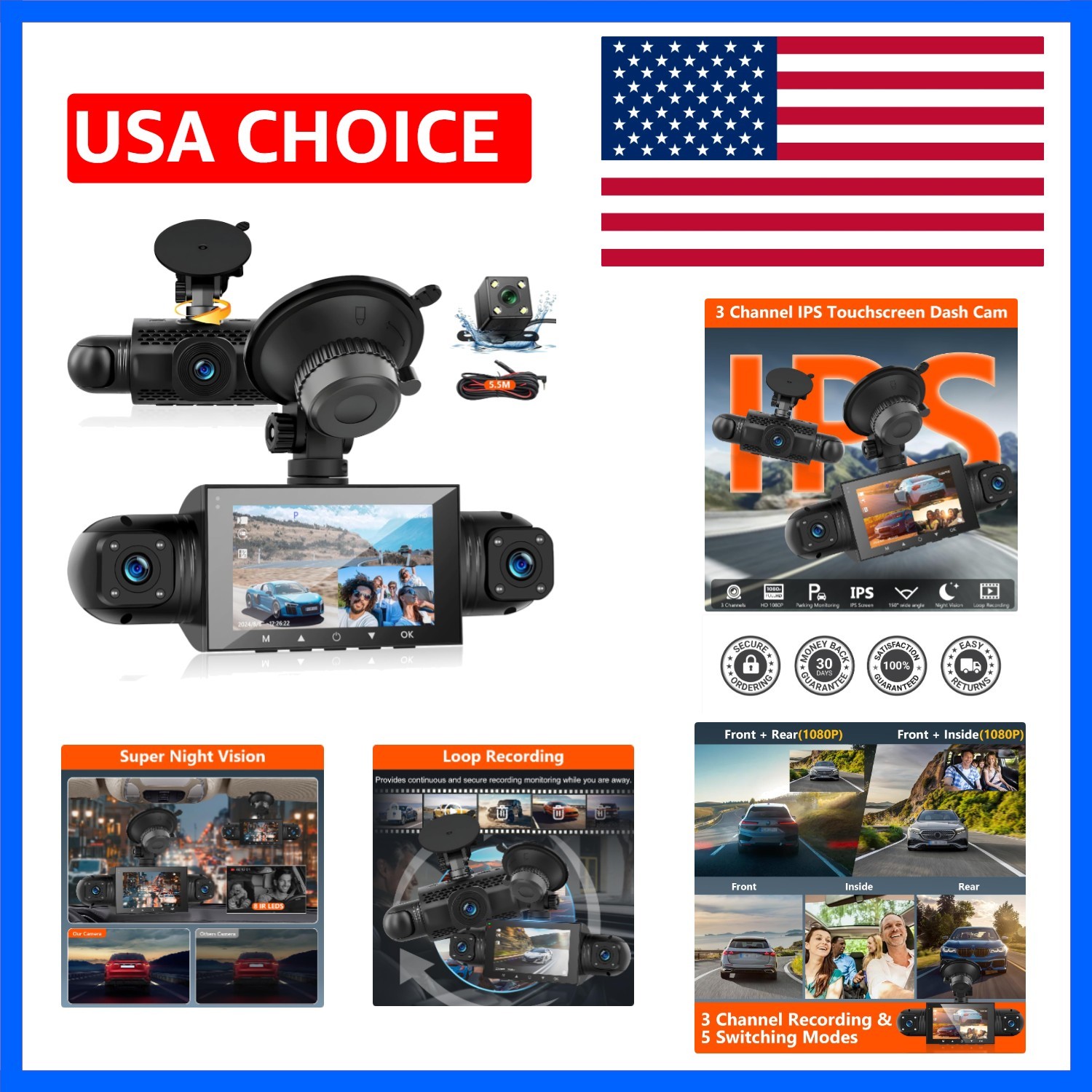 360° Dash Cam Front and Rear Inside,4 Channel 3" IPS Touchscreen Dash Cam Fro...