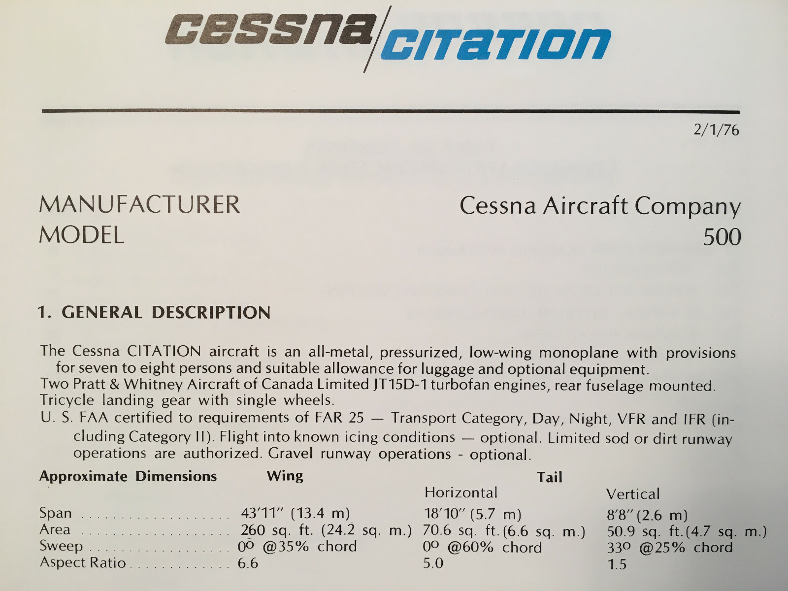 Cessna Citation Model 500, sn 0303 & On, Specification/Description Booklet