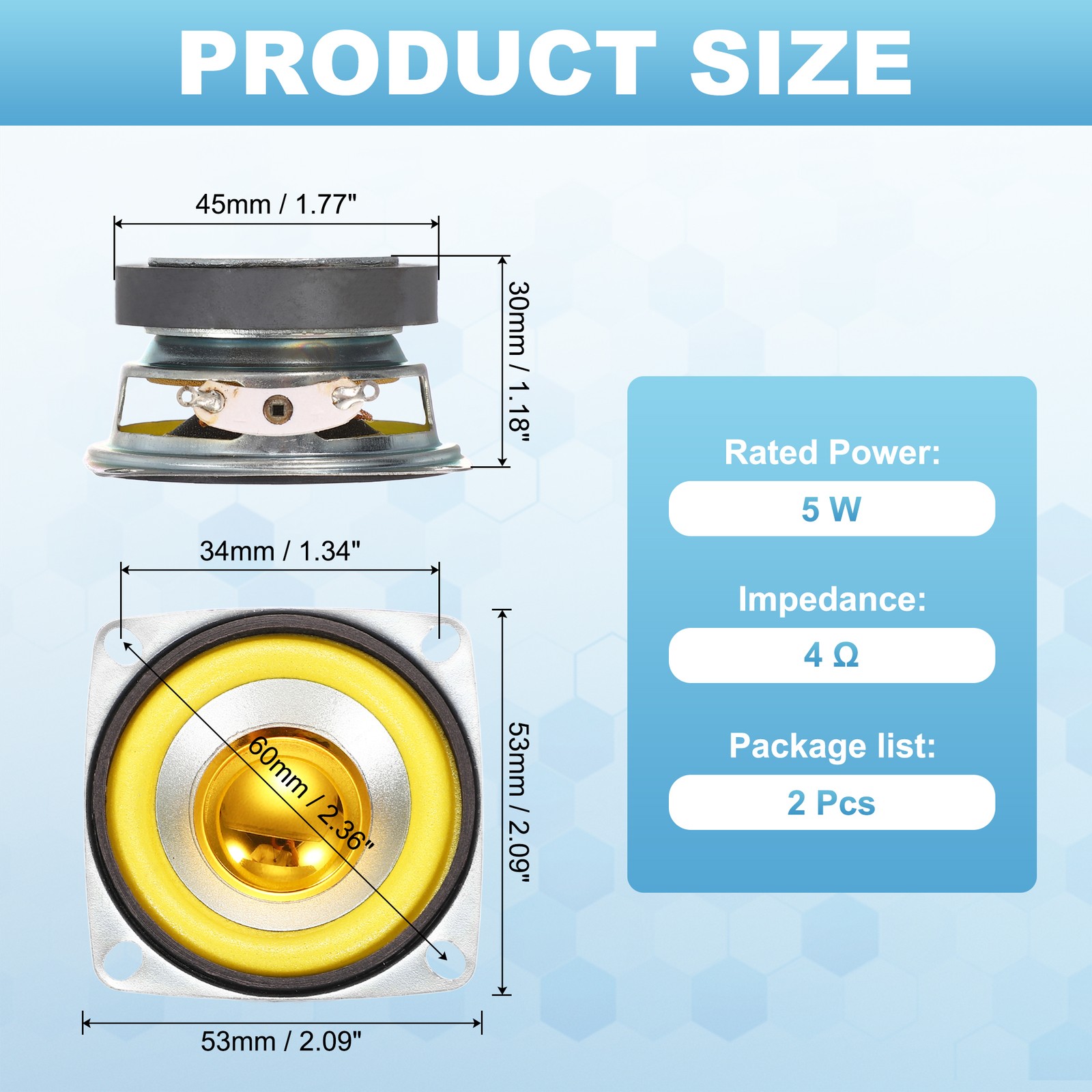 2Pcs 5W 4Ohm Small Speakers Square Micro External Magnet Speaker 45mm Yellow