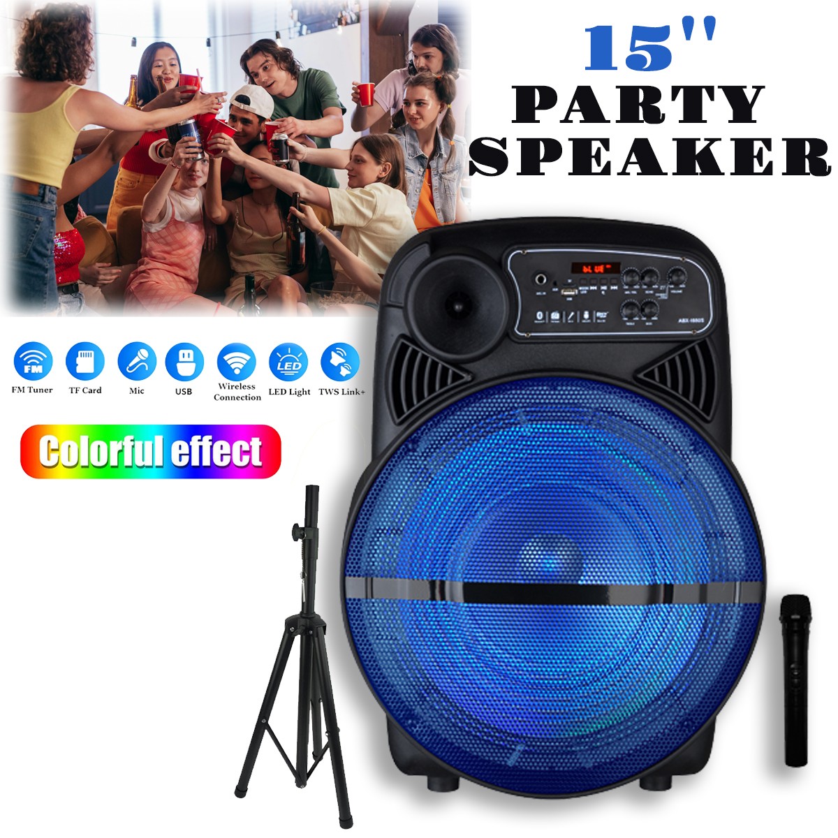 15" Portable Party Bluetooth Speaker Heavy Bass Sound w/ LED Lights, Stand & Mic
