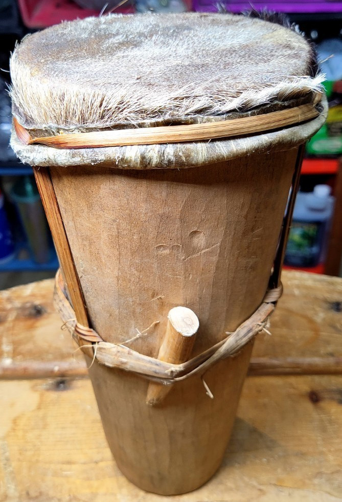 Vintage West African Hand Drum Carved Wood Peg Tuned Goatskin Fur Head Goblet