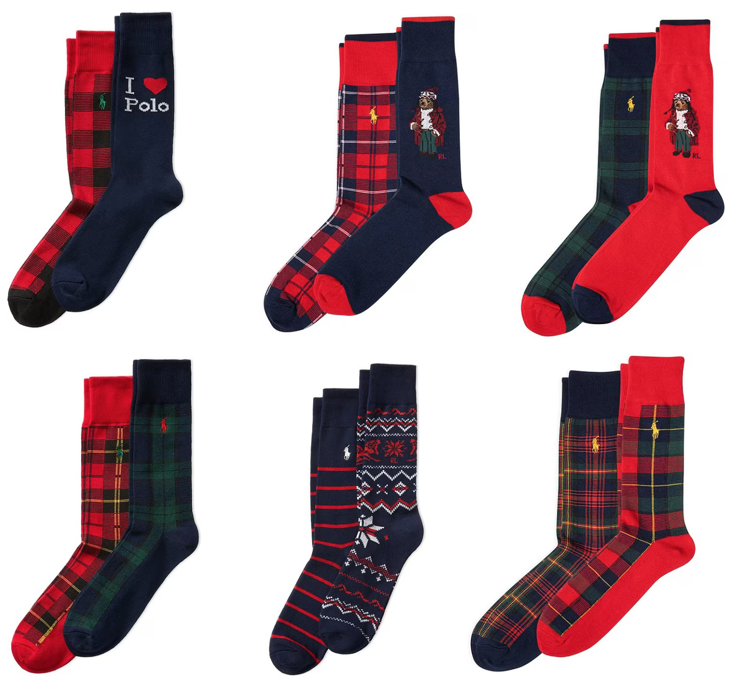 Polo Ralph Lauren 2-Pack Crew Socks Holiday Bear Plaid Ski Brand New Men's