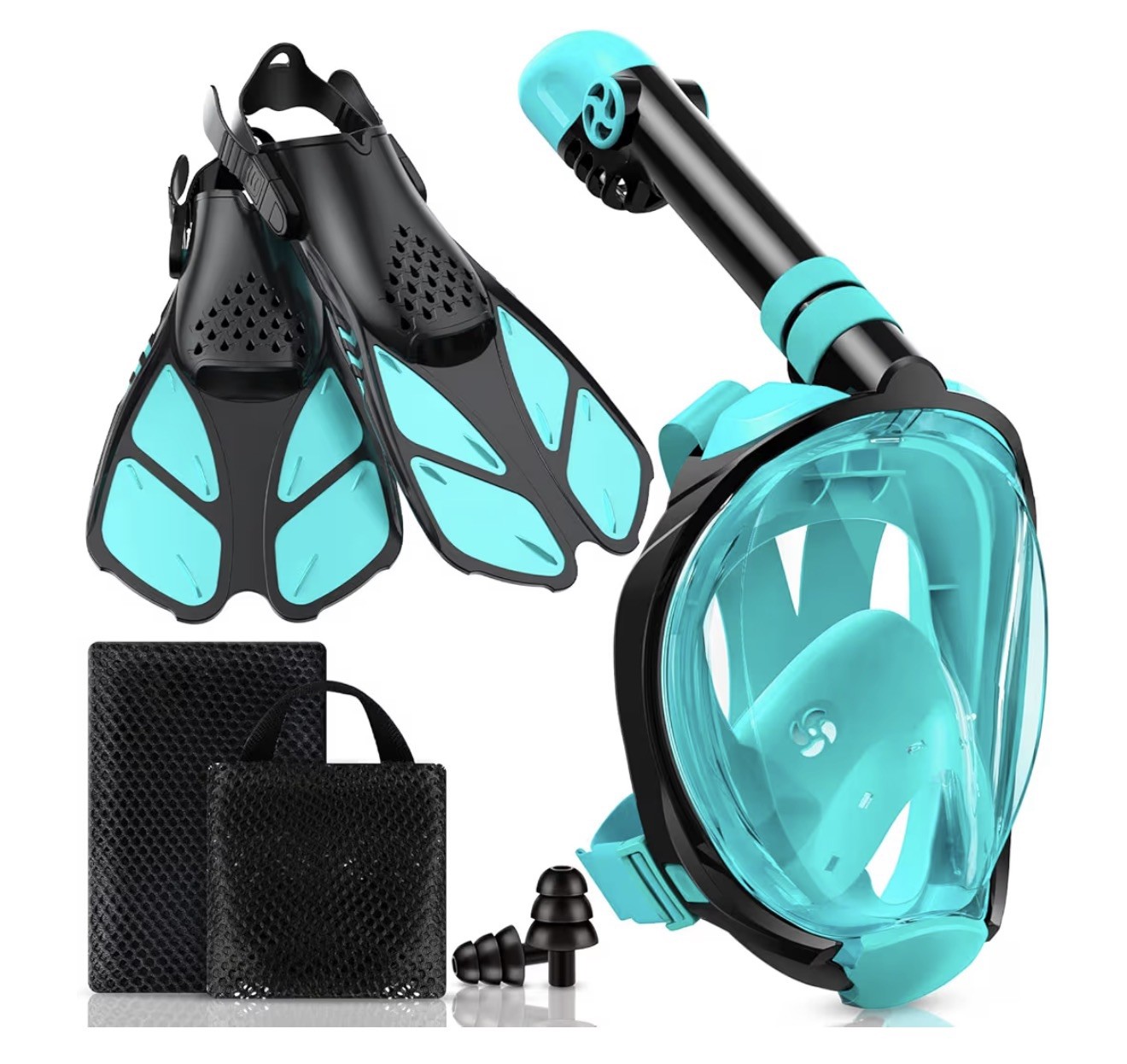 Viginsul Full Face Snorkel Mask Set w/ Fins S/M Anti-Fog Dry Top 180°