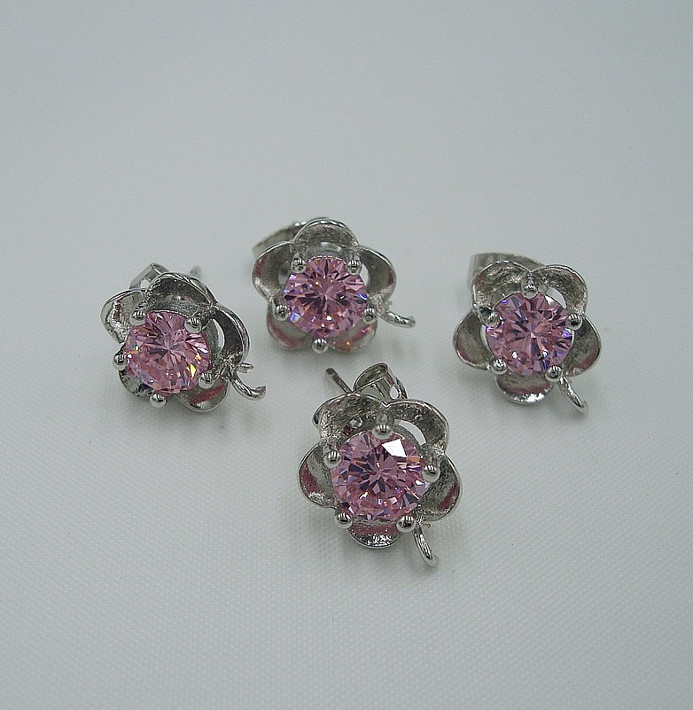 Five Petals Ear Stud Pink Cubic Zirconia CZ Rhodium Plated Earstud Earring