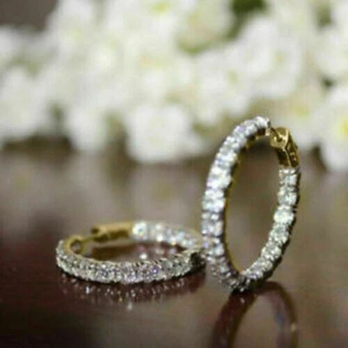 Wedding Gift Hoop Earrings 14K Yellow Gold Plated 2Ct Round Lab Created Diamond