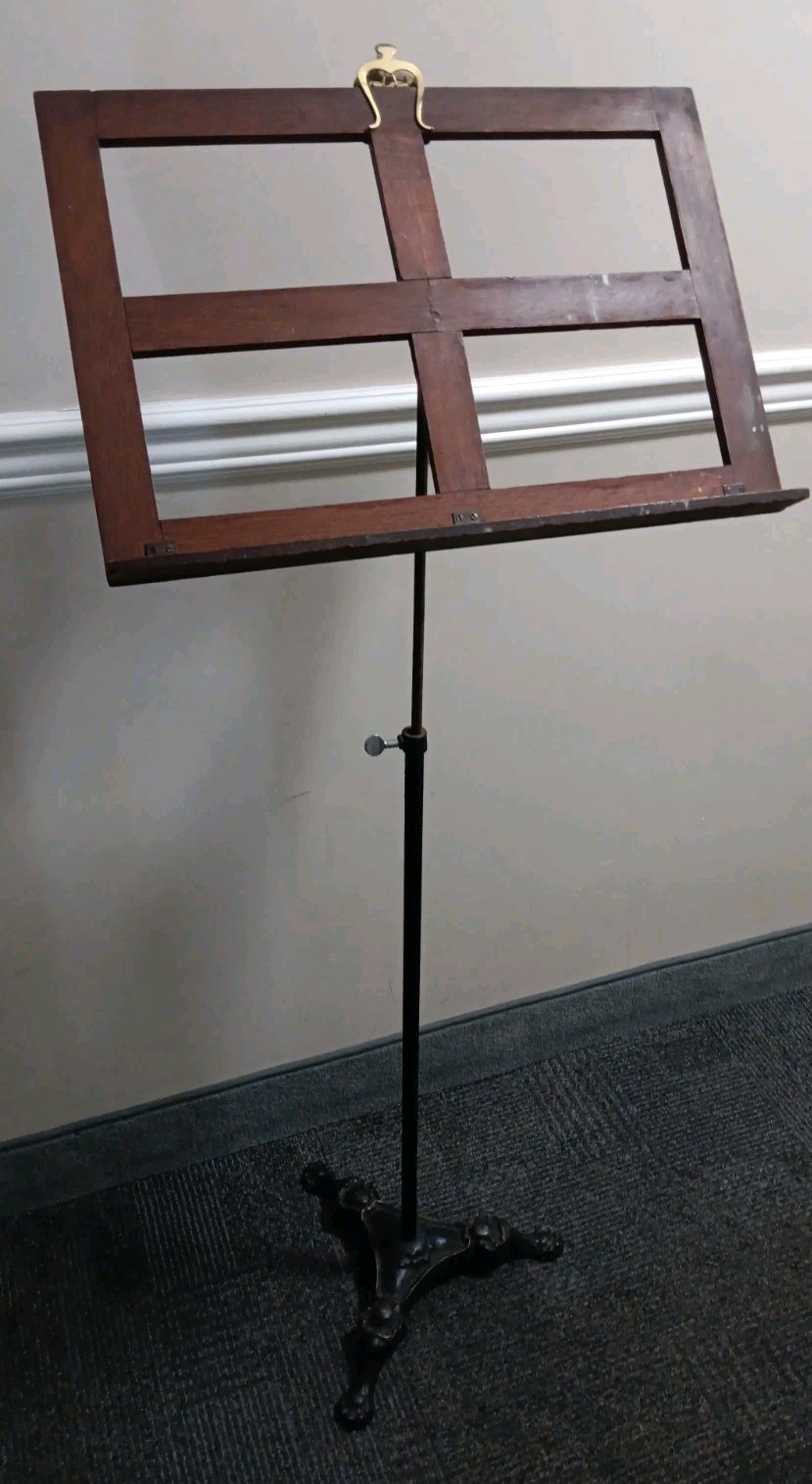 c.1890 Antique K&B Kauffman & Bock Cast Iron & Wood Adjustable Music Stand