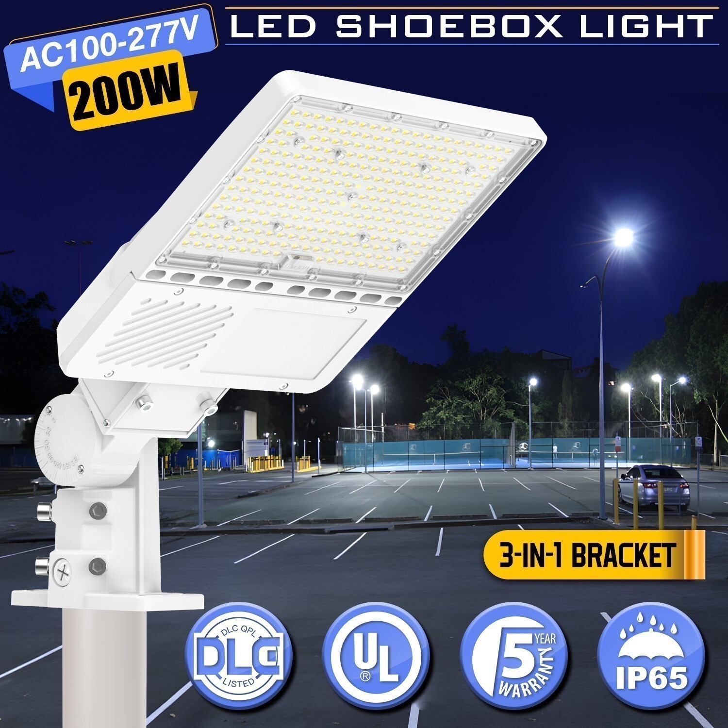 28000LM -200W LED Shoebox Light Outdoor Street Parking Lot Pole Lamp w/Photocell