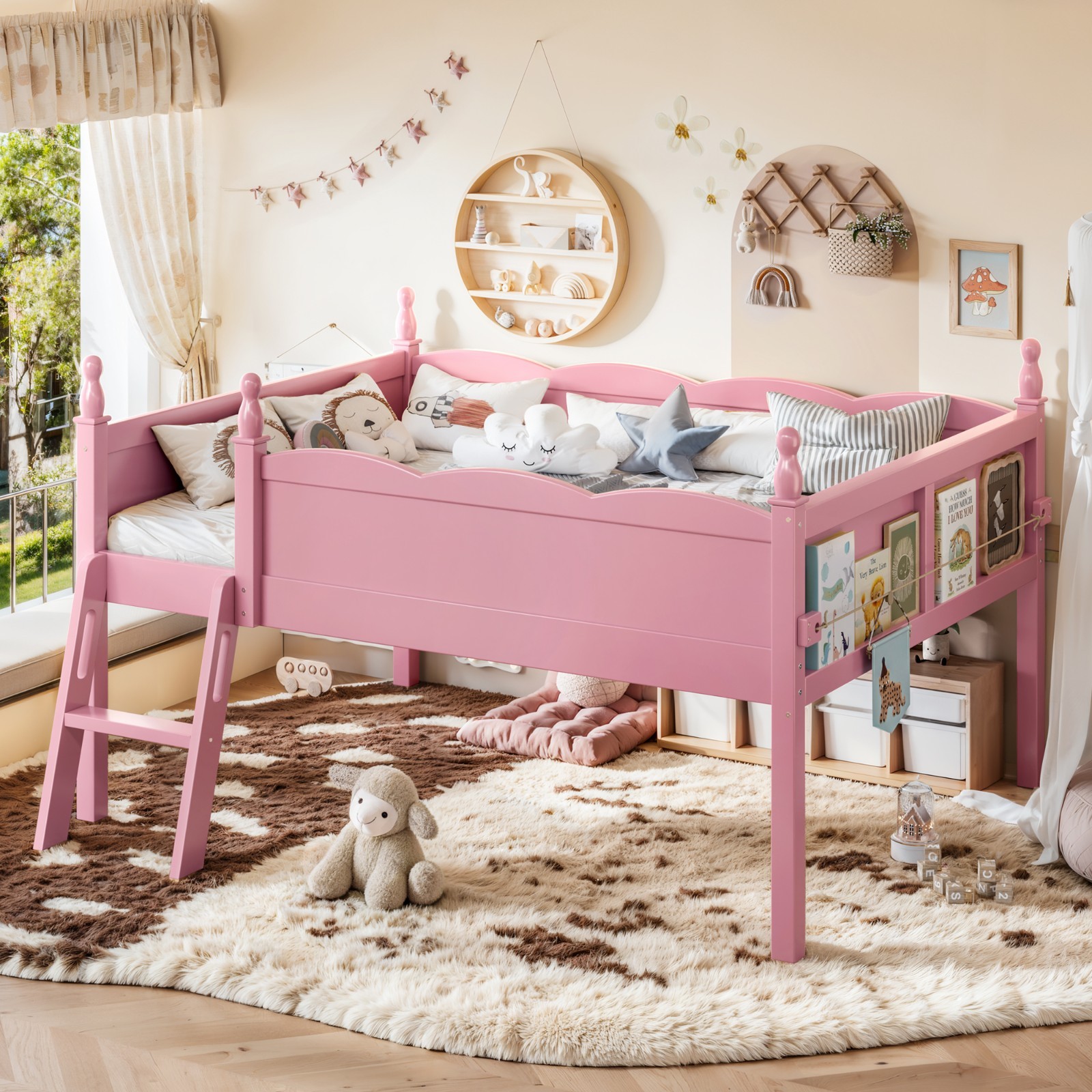 Full Size Loft Bed w/Full-Length Guardrails,Modern Wood Low Loft Bed with Ladder