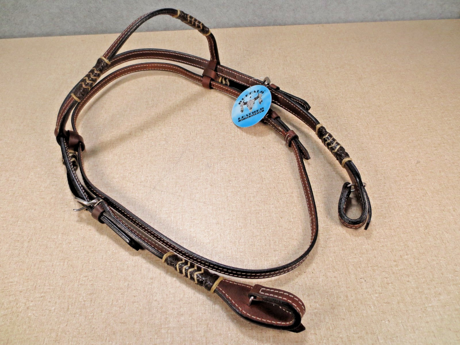 Buffalo Leather Dark Oil Browband Headstall Rawhide Accents Western Horse NWT