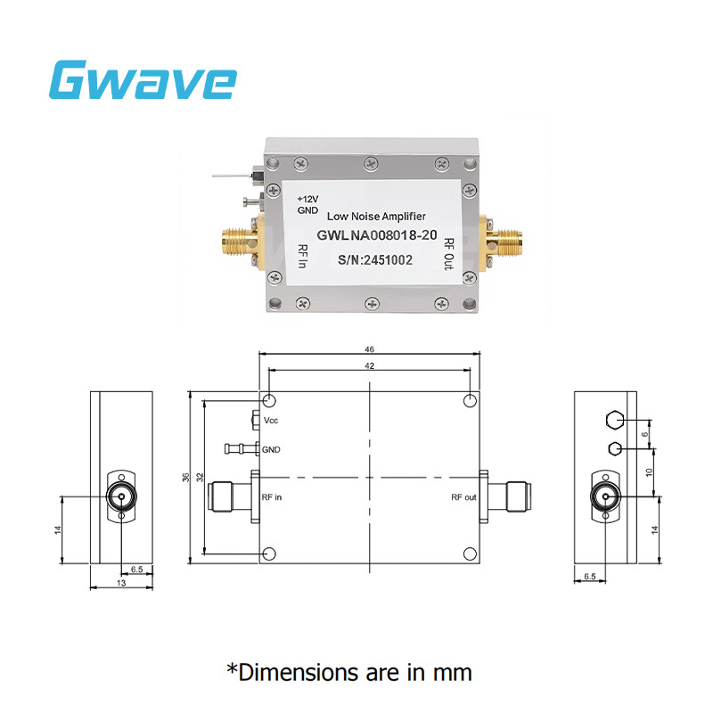 SMA Female Low Noise Amplifier(LNA), 2.5dB Noise Figure, 800M - 18GHz, 20dB Gain