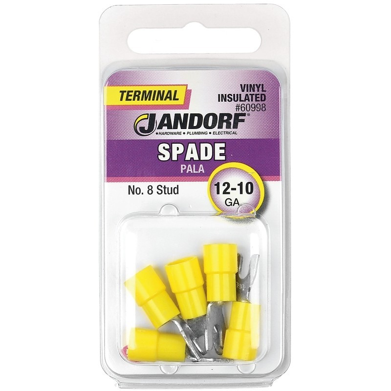 Jandorf 60998 Spade Terminal, 600 V, 12 to 10 AWG Wire, #8 Stud, Vinyl Insulatio