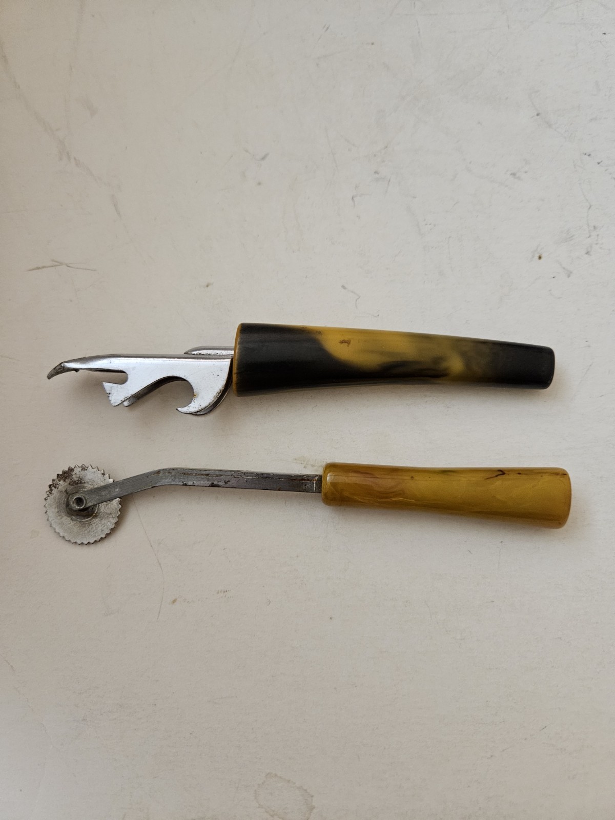Vintage Tracing Wheel And Can/Bottle Opener With Bakelite Handles Both About 6"