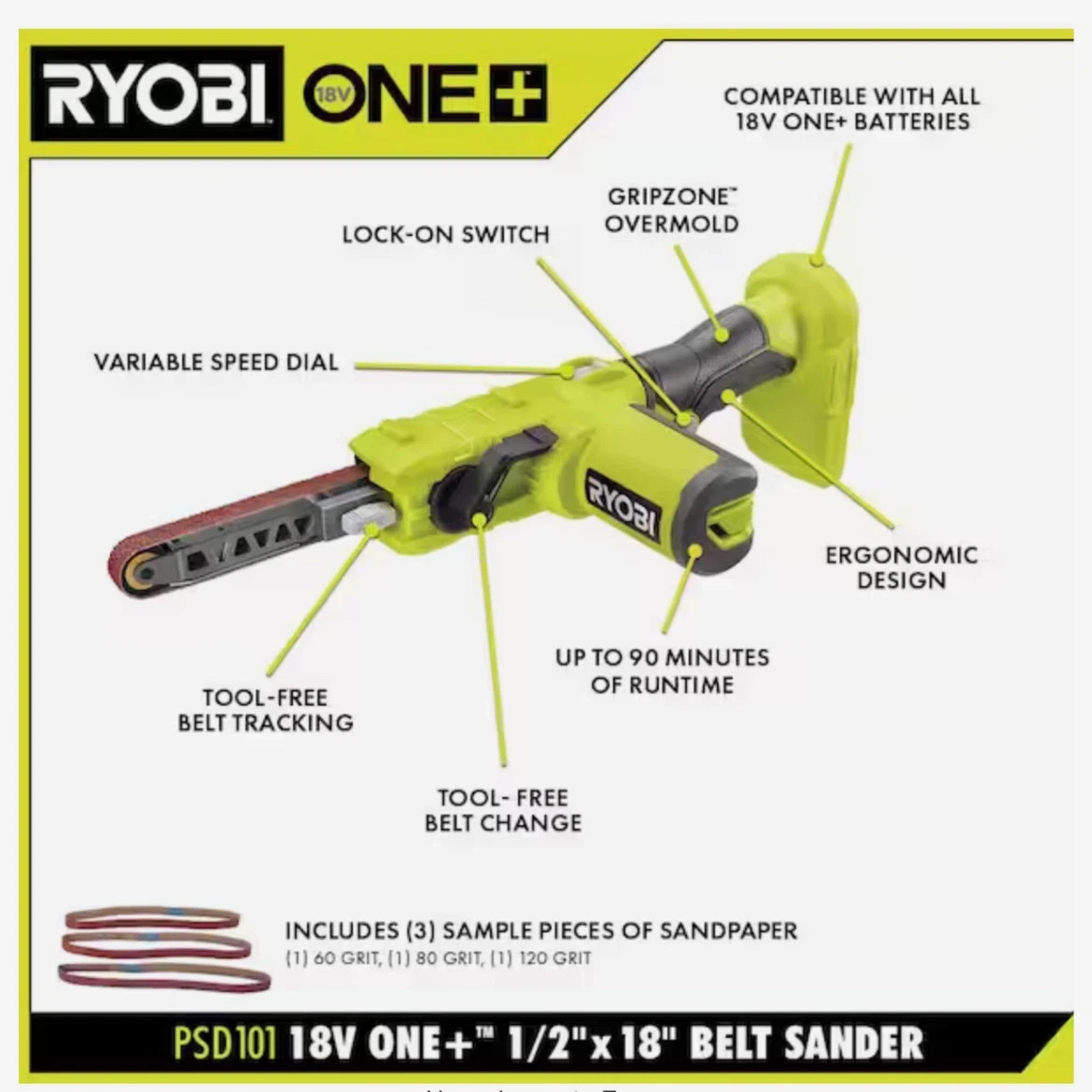 RYOBI ONE+ 18V  1/2 in. x 18 in. Belt Sander Tool Only PSD101B