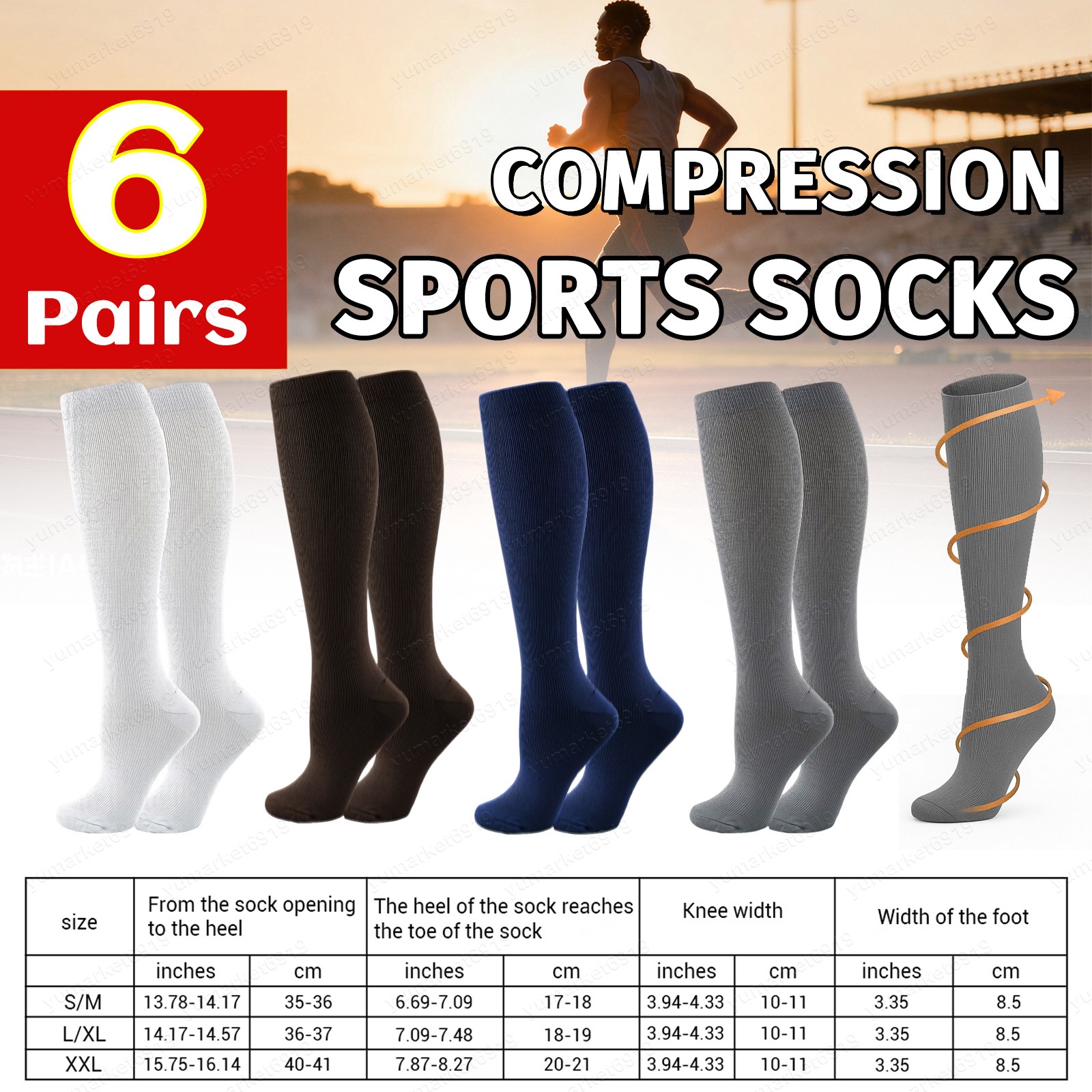 6-Pairs Copper Infused Compression Sport Socks 20-30mmHg Pain Relief Men Women