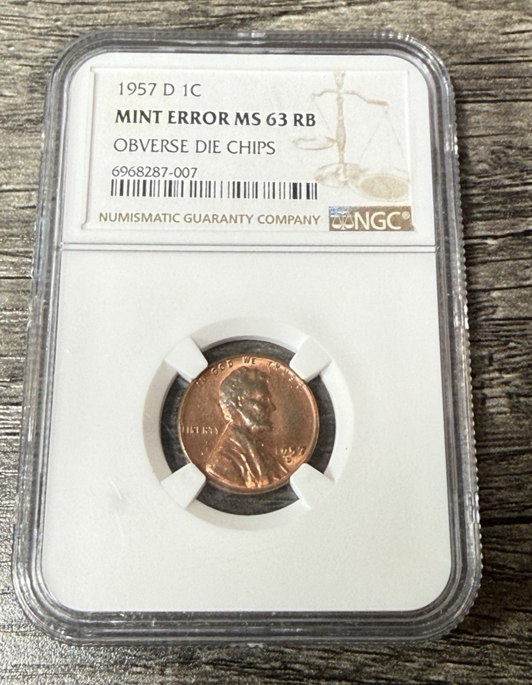 1957-D LINCOLN CENT NGC MINT ERROR MS 63 RB OBVERSE DIE CHIPS