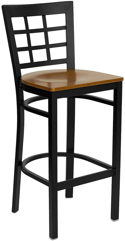 Black Window Back Metal Restaurant Barstool with Cherry Wood Seat