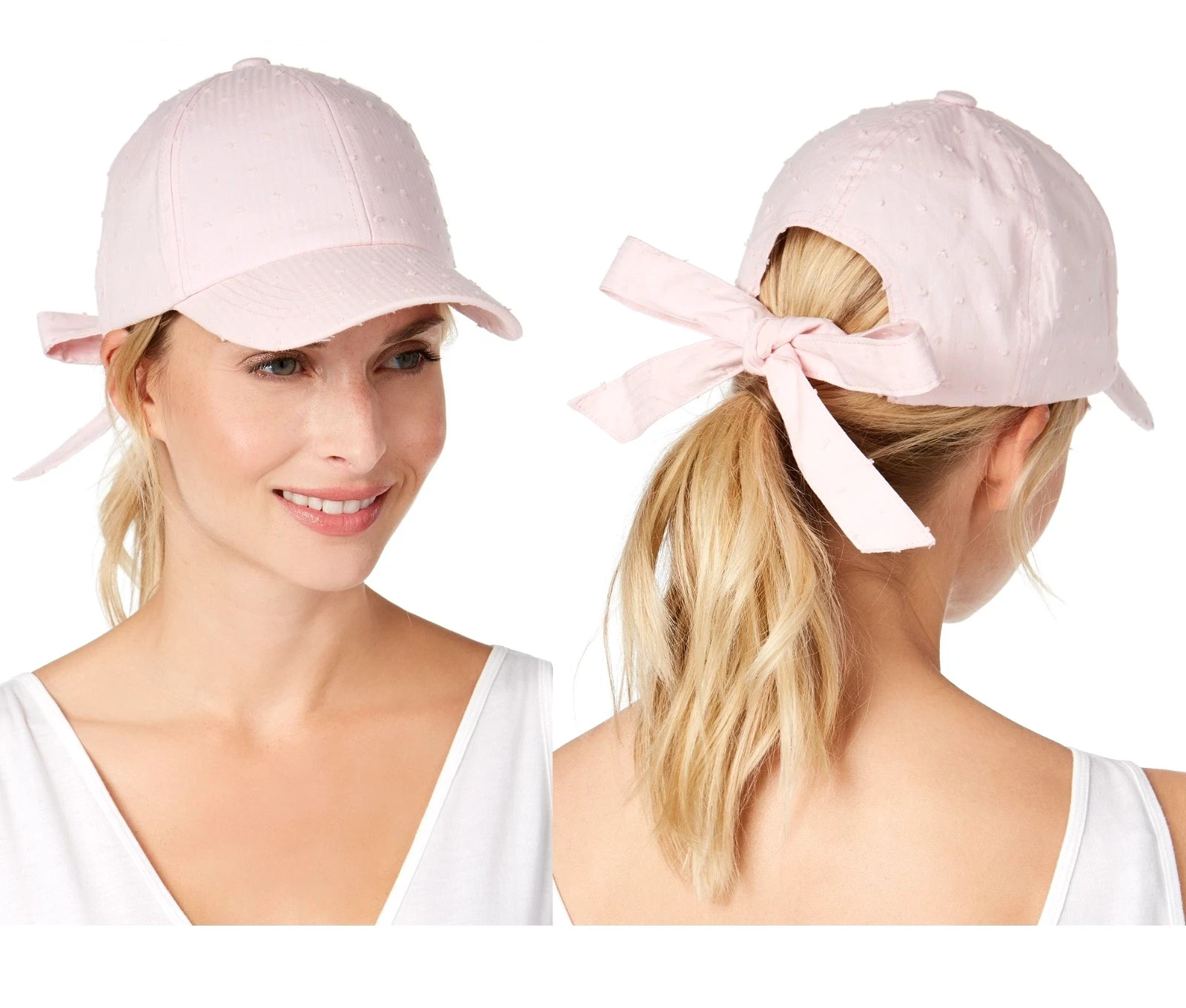 Inc Womens Ball Cap Pink Bow-in-the-Back Hat Dotted Swiss Adjustable NWT PAL40