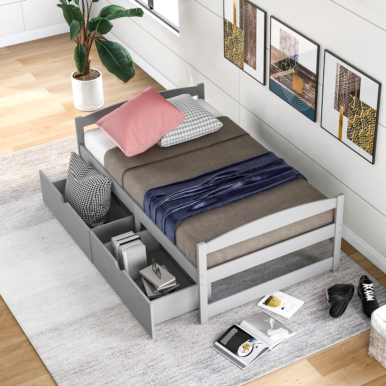 Twin Size Platform Bed Frame Storage Bed W/ Two Drawers Gray Pine Wood and MDF