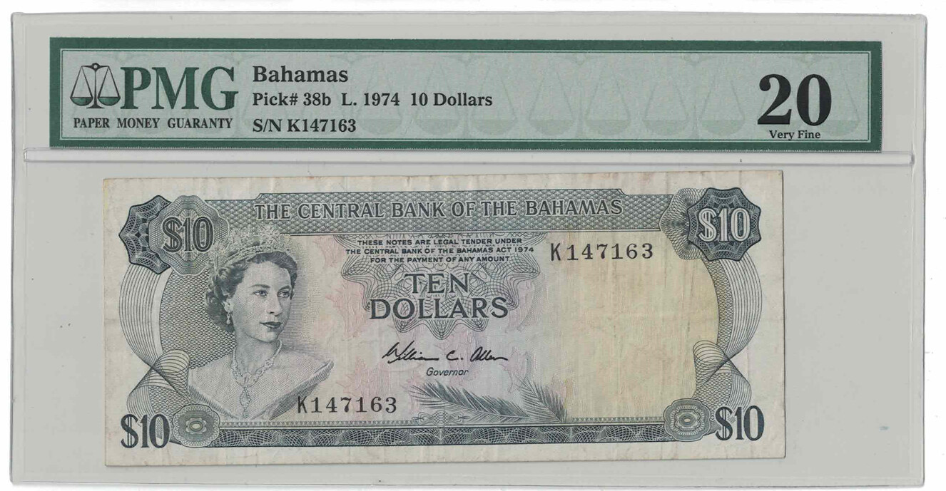 Bahamas - L.1974 Ten Dollars Banknote P-38b (PMG VF 20) - Very Scarce!