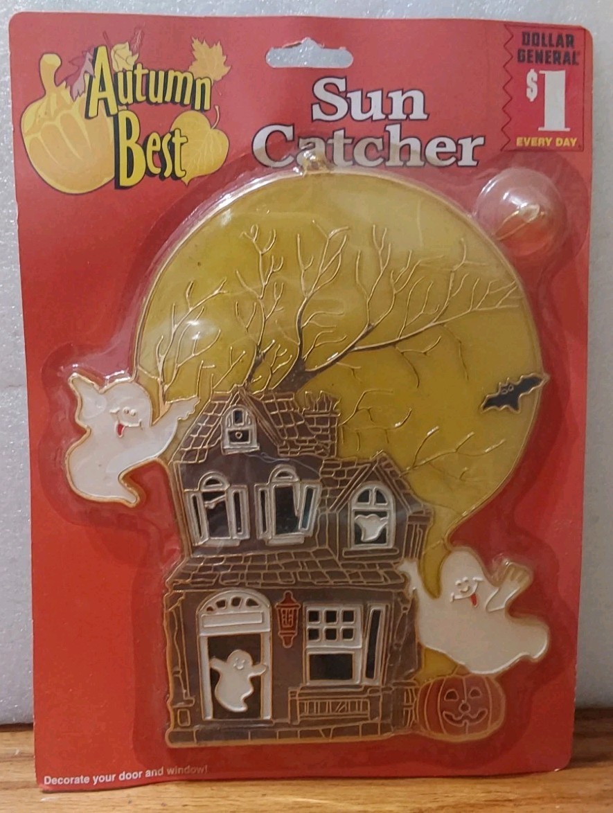 Halloween Large Suncatcher Haunted House Moon Ghost Vintage Autumn Best 9x7.5