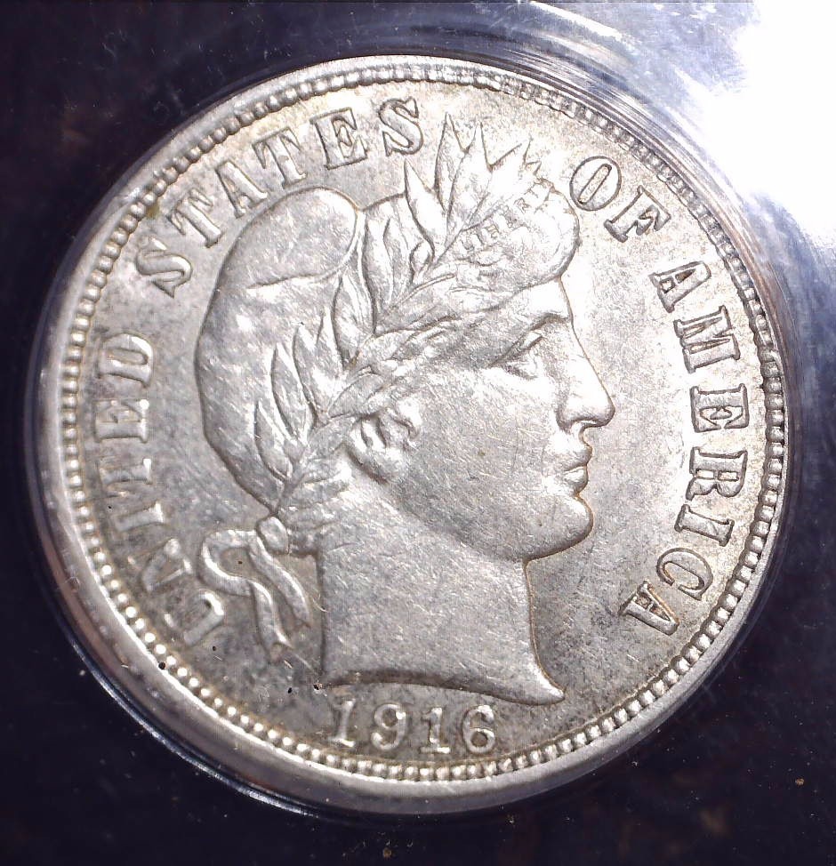 1916 Barber Dime, ANACS AU55 Cleaned
