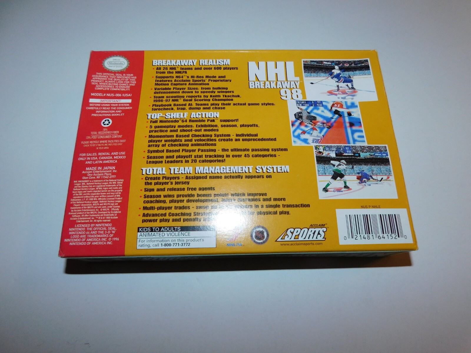 AUTHENTIC Nintendo N64 NHL BREAKAWAY 98 ~ BOX ONLY ~ GREAT CONDITION