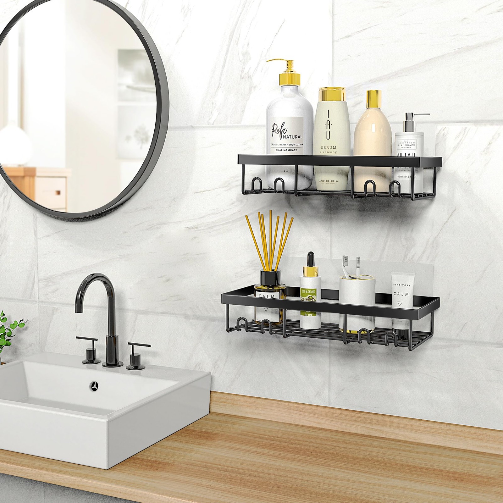 Moforoco Shower Caddy Shelf Organizer Rack, Self Adhesive Black Medium,