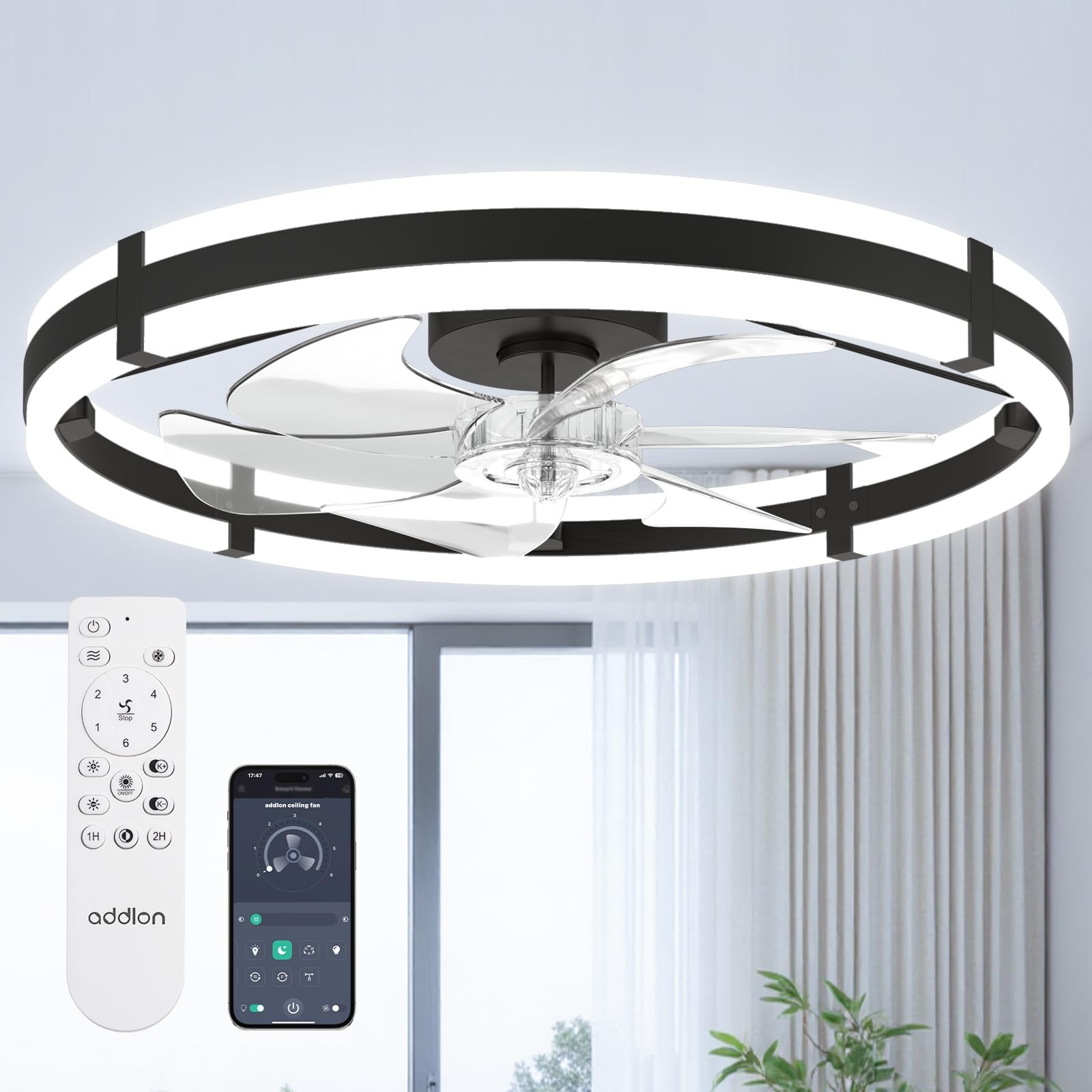 addlon 24'' Ceiling Fans with Lights and Remote, Low Profile 24 Inch, Black