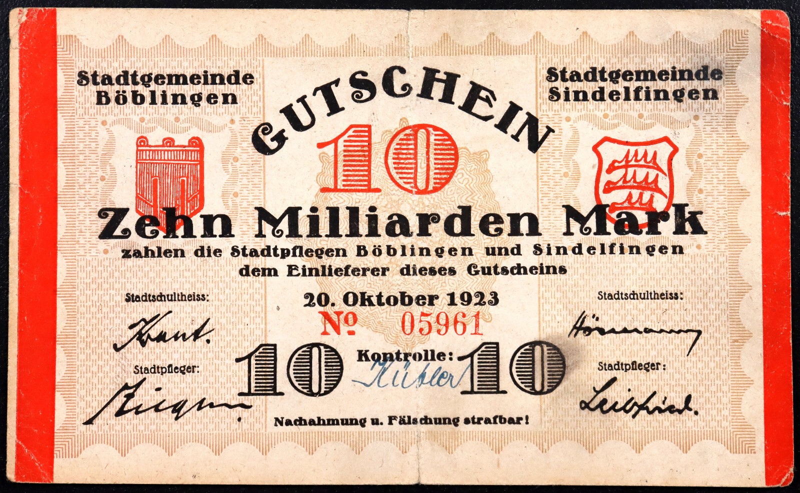 BÖBLINGEN and SINDELFINGEN 1923 10 Milliarden = 10 Billion Mark Notgeld