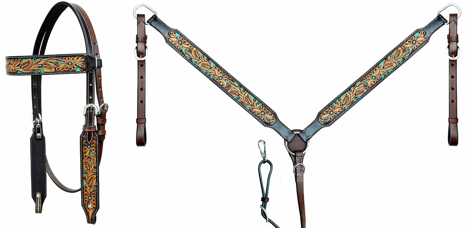 Horse Horse Western Floral Tooled Browband Bridle & Breast Collar Tack Set