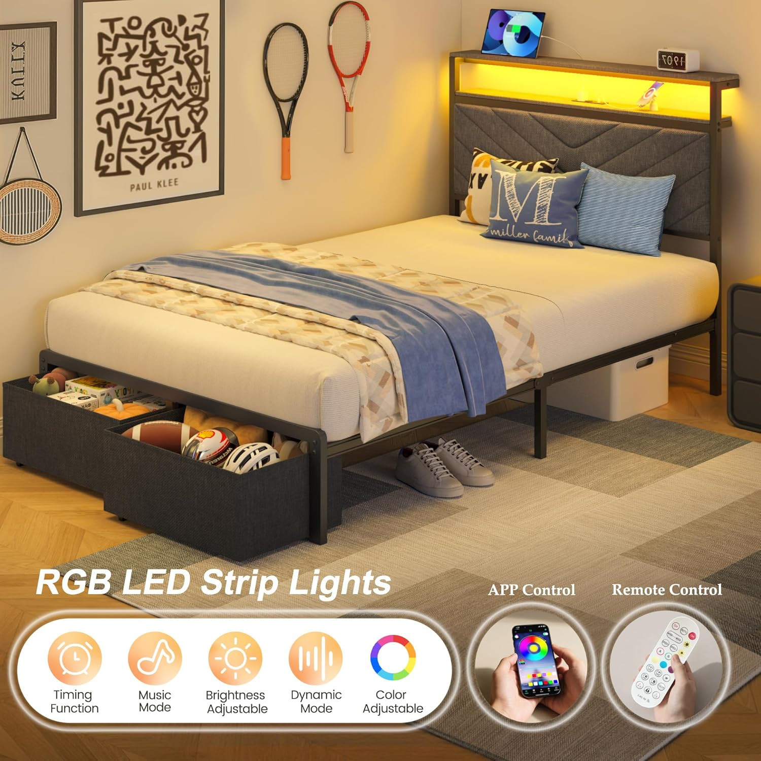 Twin Bed Frame with Charging Station, LED Lights & 2 Storage Drawers, Grey Platf